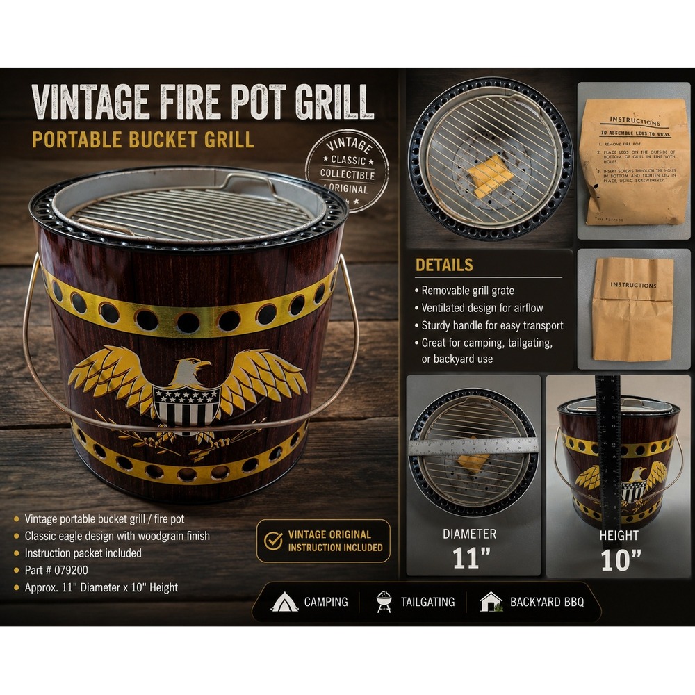 Vintage Portable Charcoal Bucket‎ Grill Americana Eagle Faux Wood Grain Tabletop